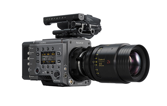 Sony CineAlta digital cinema camera with a large black lens and top handle against a white background.