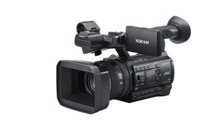 A black Sony XDCAM 4K professional video camera with a large lens hood and viewfinder.