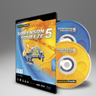 A software box for Sorenson Squeeze 5 next to a blue disc and a yellow disc.