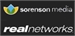 Sorenson Media logo with a stylized flower icon and RealNetworks text logo on a dark background.