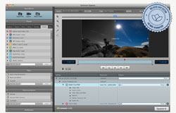 A digital interface for video editing showing a timeline, media library, and a video preview of a landscape.