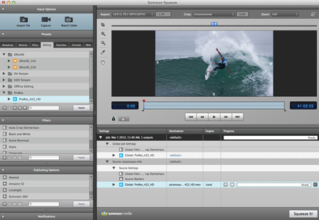 Interface of Sorenson Squeeze software showing a video of a surfer on a wave.