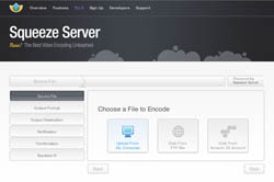Squeeze Server interface showing a menu to choose a file to encode from a computer, FTP site, or Amazon S3 bucket.