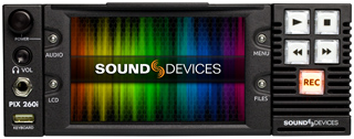 A black Sound Devices PIX 260i digital audio recorder with a colorful screen and control buttons.