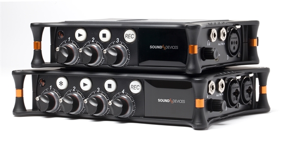 Two black Sound Devices professional audio recorders stacked vertically against a white background.