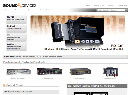 Sound Devices website showing the PIX 240 video recorder and various professional audio products.