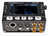 A Sound Devices PIX 340 field recorder with a digital screen and various audio input ports.