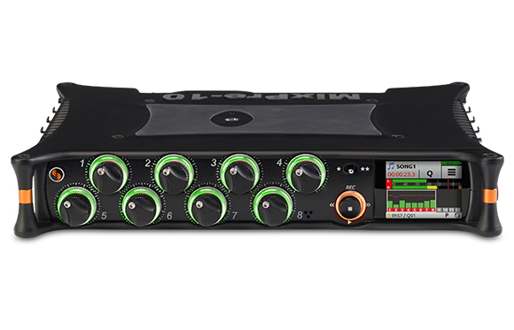 A black digital audio mixer featuring eight glowing green control knobs and a small digital display screen.