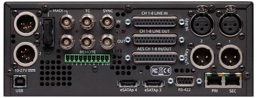 Rear view of a black audio interface featuring XLR, BNC, D-sub, and Ethernet ports.