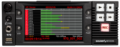 A Sound Devices 970 digital audio recorder with a lit LCD screen showing multiple audio track levels.