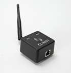 A small black square wireless device with a single antenna and an Ethernet port.