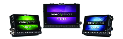 Three black electronic monitor screens displaying Video Devices branding and model numbers PIX-E5, PIX-E7, and PIX-ESH.