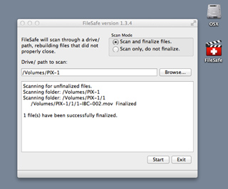 A software window for FileSafe version 1.3.4 showing scan modes, a file path, and a status log.