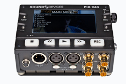 Sound Devices PIX 240 digital audio recorder with a screen and various input and output ports.