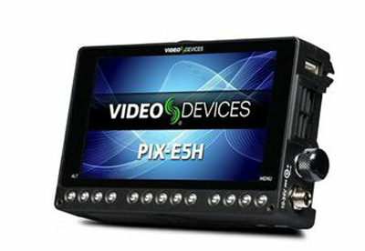 A black Video Devices PIX-E5H monitor displaying a blue graphic with the brand name and model number.
