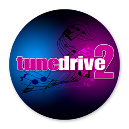 Circular logo with 'tunedrive 2' text over blue and purple musical notes.