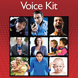 A grid of nine photos showing people shouting, smiling, talking on phones, and acting, titled 'Voice Kit'.
