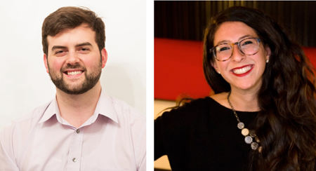 Side-by-side portraits of a smiling man in a light shirt and a smiling woman with glasses and long dark hair.