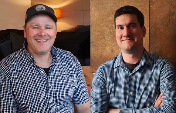 Two separate portraits of men wearing blue checkered button-down shirts.