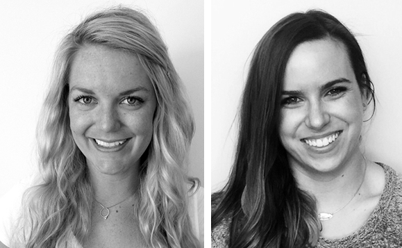 Two black and white headshots of smiling women side by side.