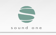 A teal circular emblem with curved white stripes above the text 'sound one' on a light gray background.