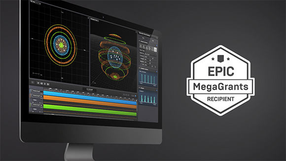 Computer monitor showing 3D molecular models and data graphs next to an Epic MegaGrants recipient badge.