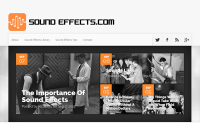 Website homepage for Sound Effects.com featuring articles on sound effects and field recording.