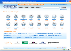 Website interface for SoundSnap showing sound categories and tags.