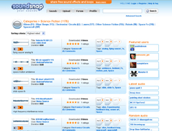 A website interface displaying various sound effect categories and a list of downloadable audio files.