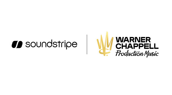 Logos for Soundstripe and Warner Chappell Production Music side by side on a white background.