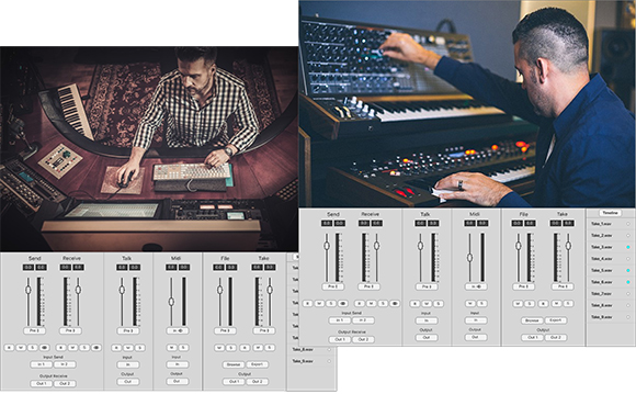 A man operates synthesizers and mixing consoles in a professional music recording studio.