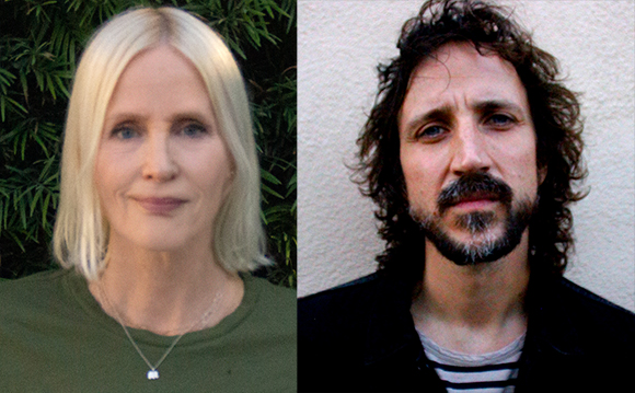 Split portrait of a blonde woman in a green shirt and a man with dark curly hair and a beard.