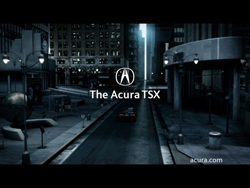 A dark city street at night with a car driving away and text reading The Acura TSX.
