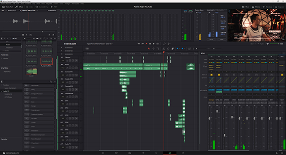 A complex digital audio workstation software interface displaying multiple audio tracks, waveforms, and mixing controls.