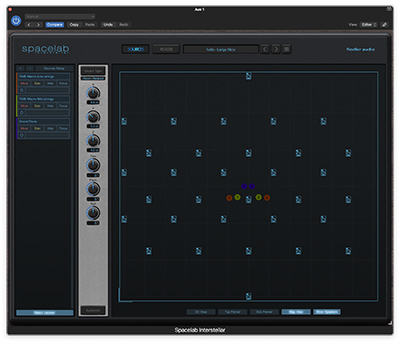 A dark-themed digital audio workstation interface showing a grid of sound sources in a spatial field.