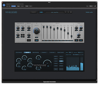 User interface of Spacelab interstellar audio software with various sliders, knobs, and frequency visualizers.