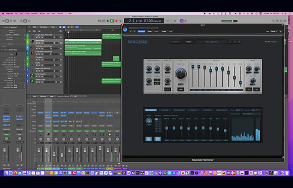 A computer screen displaying a digital audio workstation with various mixing sliders and audio waveforms.