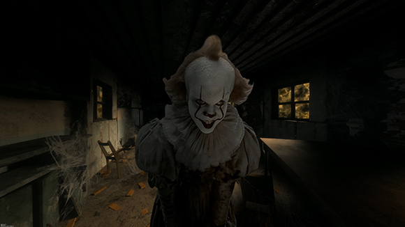 A pale clown with white face paint and red lips stares forward in a dark, abandoned room.
