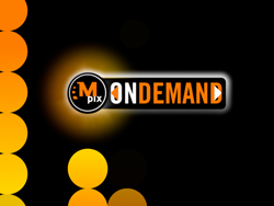 Mpix On Demand logo with orange circles on a black background.