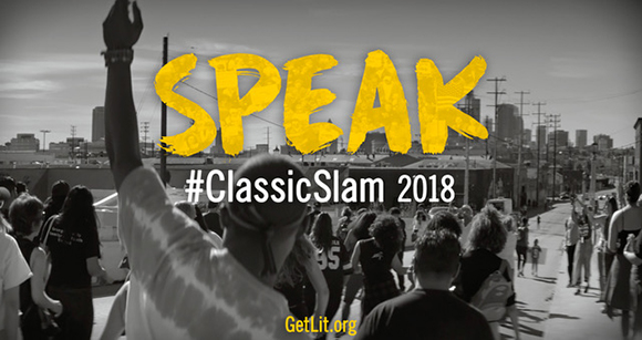 A person raises an arm toward a skyline under the large yellow text SPEAK and #ClassicSlam 2018.