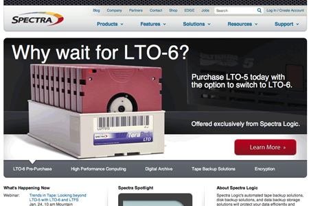 Advertisement for Spectra Logic LTO-5 tape drives with an option to switch to LTO-6.