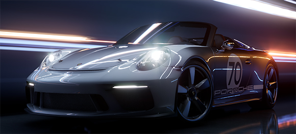 A silver Porsche convertible driving through streaks of white and orange light trails.