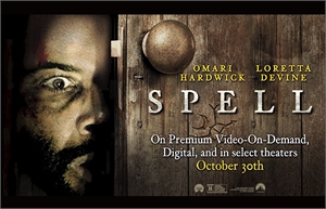 A man's wide-eyed, fearful face peeks through a doorway next to the title 'SPELL'.