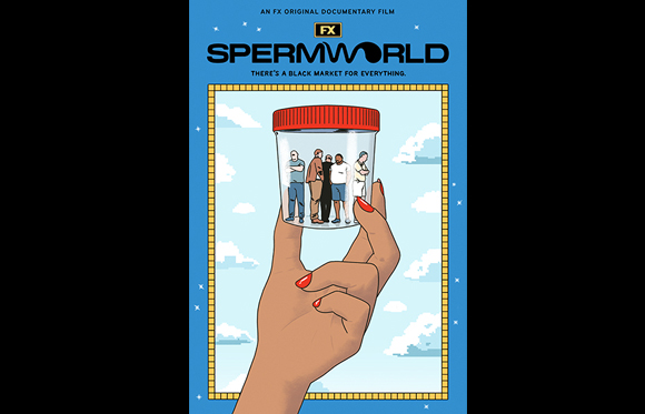 A hand holds a small specimen jar containing several miniature people against a blue sky background.
