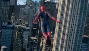 A person in a red and blue superhero suit leaps through a canyon of city skyscrapers.
