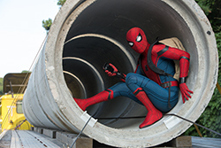A person in a Spider-Man costume sits inside a large concrete drainage pipe.
