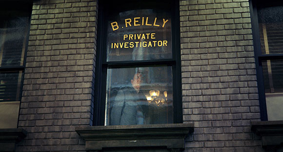 Gold lettering on a window reads B. Reilly Private Investigator above a man looking out from inside.
