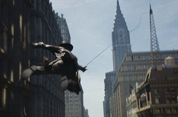 A man in a fedora and trench coat swings on a wire between tall buildings in a city.