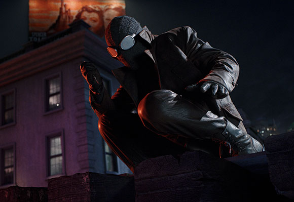 A figure in a dark, vintage-style costume with goggles and a cap crouches on a brick rooftop at night, with a building and a