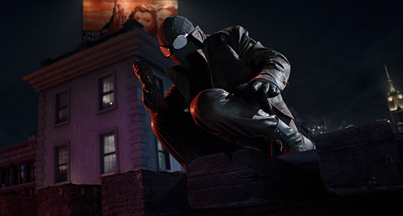 A masked figure in a dark coat and goggles crouches on a city rooftop at night.